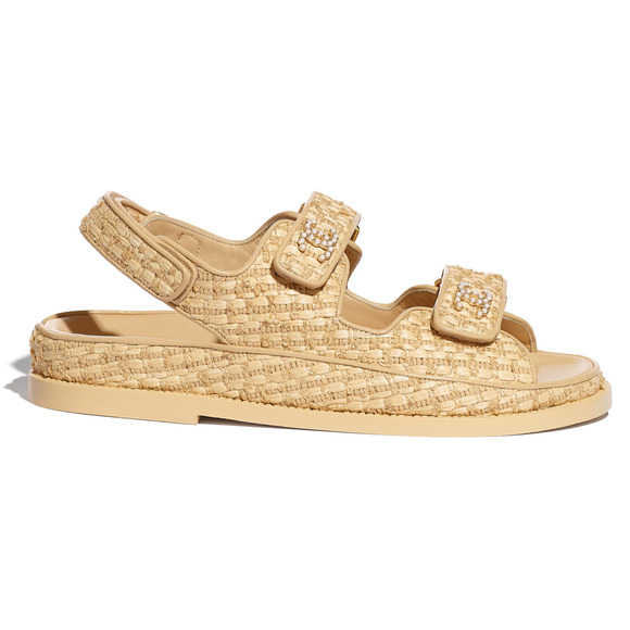 Chanel 21C Beige Raffia Pearl CC Logo Mule Slide Strap Flat Teva Dad Sandal 36.5 - Picture 1 of 12